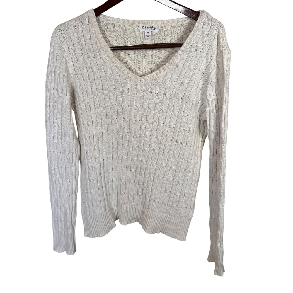 St. John's‎ Bay Cable Knit V Neck Sweater Sz Petite Large PL Preppy Cotton Blend